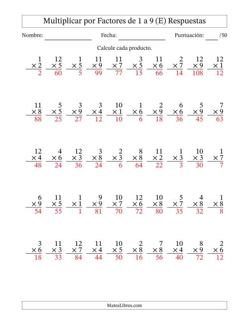 La hoja de ejercicios de Multiplicar (Factores de 1 a 12) por Factores de 1 a 9 (50 Preguntas) (E) Página 2
