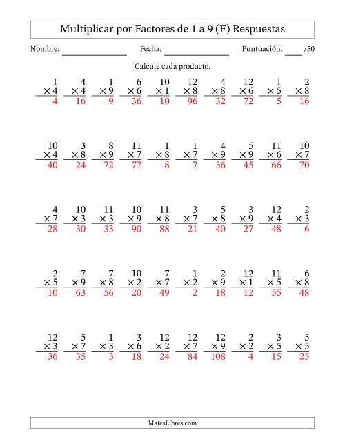 La hoja de ejercicios de Multiplicar (Factores de 1 a 12) por Factores de 1 a 9 (50 Preguntas) (F) Página 2