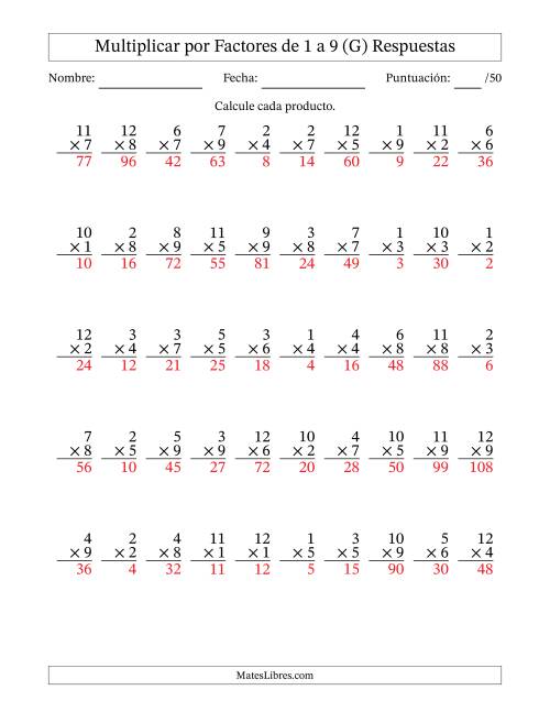 La hoja de ejercicios de Multiplicar (Factores de 1 a 12) por Factores de 1 a 9 (50 Preguntas) (G) Página 2
