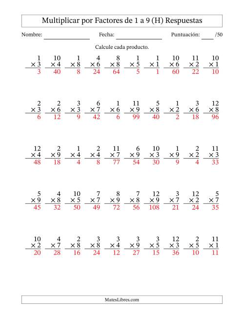 La hoja de ejercicios de Multiplicar (Factores de 1 a 12) por Factores de 1 a 9 (50 Preguntas) (H) Página 2