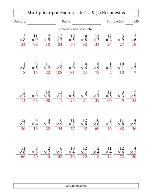 La hoja de ejercicios de Multiplicar (Factores de 1 a 12) por Factores de 1 a 9 (50 Preguntas) (I) Página 2