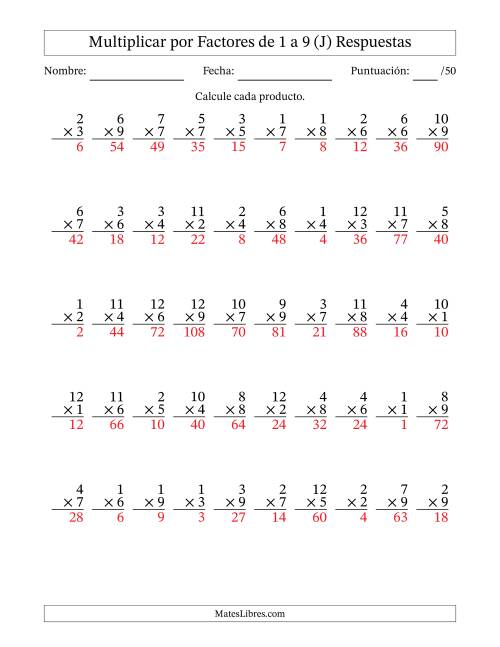 La hoja de ejercicios de Multiplicar (Factores de 1 a 12) por Factores de 1 a 9 (50 Preguntas) (J) Página 2