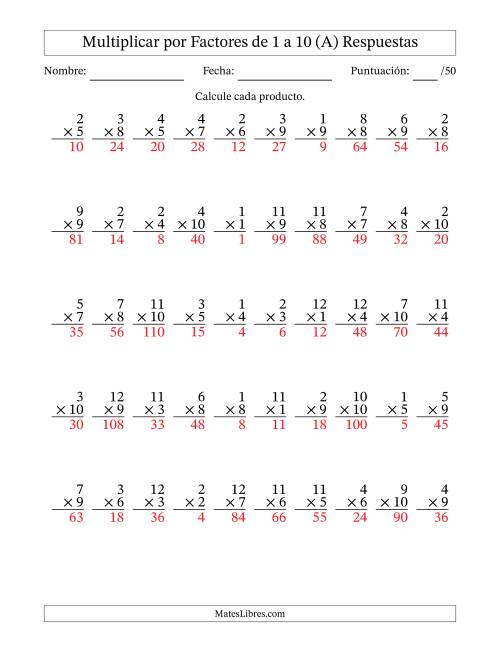 La hoja de ejercicios de Multiplicar (Factores de 1 a 12) por Factores de 1 a 10 (50 Preguntas) (A) Página 2