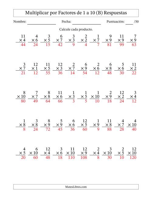 La hoja de ejercicios de Multiplicar (Factores de 1 a 12) por Factores de 1 a 10 (50 Preguntas) (B) Página 2