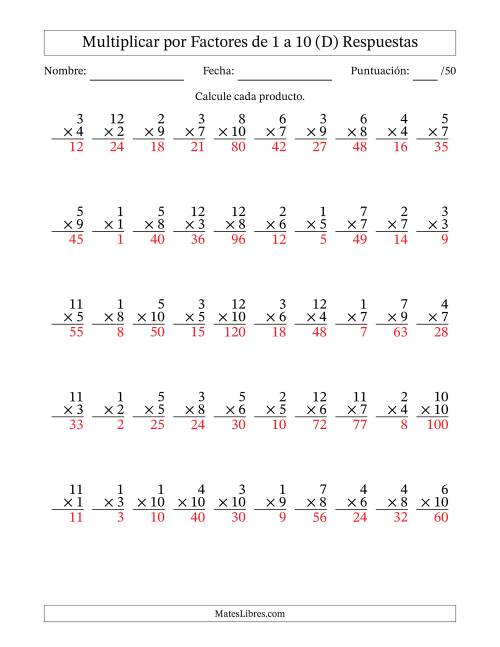 La hoja de ejercicios de Multiplicar (Factores de 1 a 12) por Factores de 1 a 10 (50 Preguntas) (D) Página 2