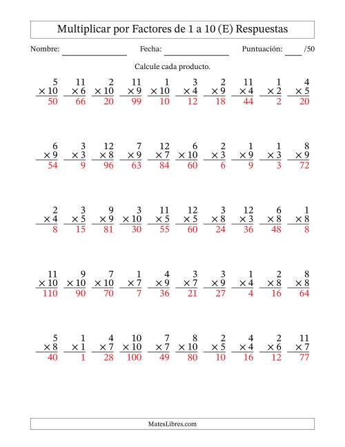 La hoja de ejercicios de Multiplicar (Factores de 1 a 12) por Factores de 1 a 10 (50 Preguntas) (E) Página 2