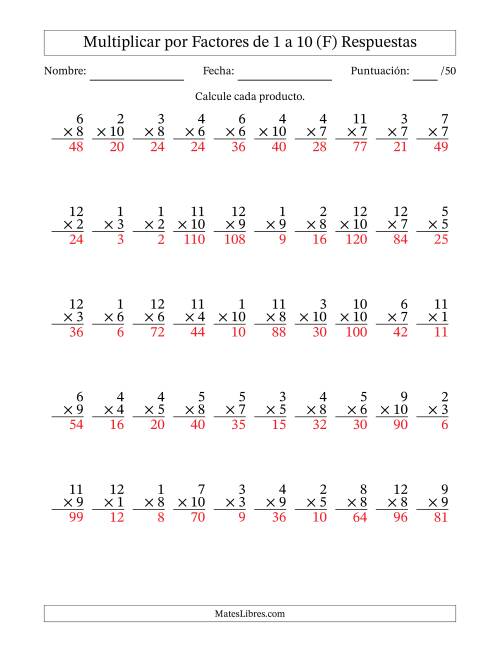 La hoja de ejercicios de Multiplicar (Factores de 1 a 12) por Factores de 1 a 10 (50 Preguntas) (F) Página 2