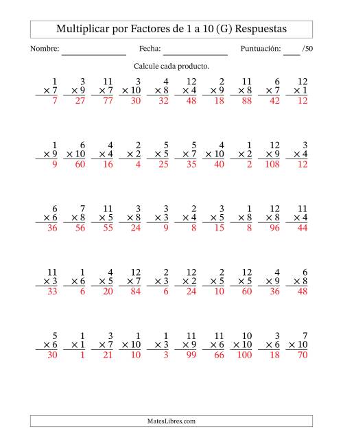 La hoja de ejercicios de Multiplicar (Factores de 1 a 12) por Factores de 1 a 10 (50 Preguntas) (G) Página 2