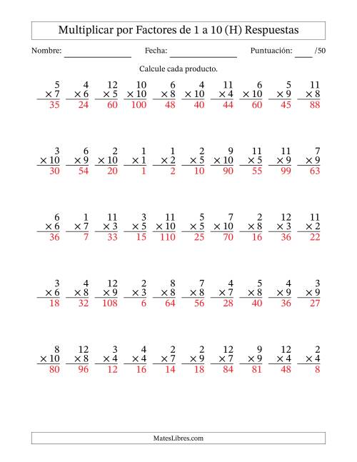 La hoja de ejercicios de Multiplicar (Factores de 1 a 12) por Factores de 1 a 10 (50 Preguntas) (H) Página 2