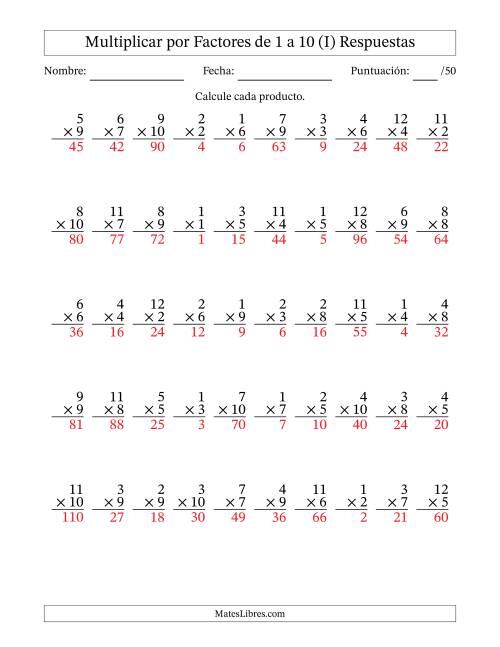 La hoja de ejercicios de Multiplicar (Factores de 1 a 12) por Factores de 1 a 10 (50 Preguntas) (I) Página 2