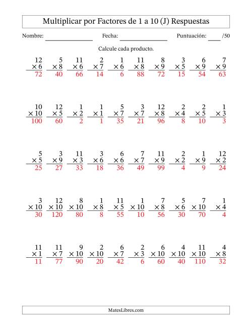 La hoja de ejercicios de Multiplicar (Factores de 1 a 12) por Factores de 1 a 10 (50 Preguntas) (J) Página 2