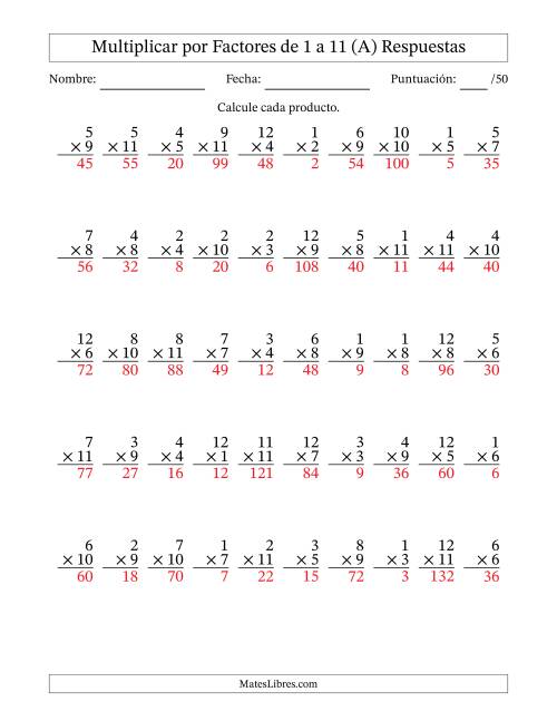 La hoja de ejercicios de Multiplicar (Factores de 1 a 12) por Factores de 1 a 11 (50 Preguntas) (A) Página 2