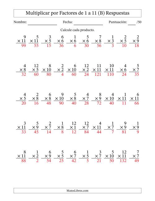 La hoja de ejercicios de Multiplicar (Factores de 1 a 12) por Factores de 1 a 11 (50 Preguntas) (B) Página 2