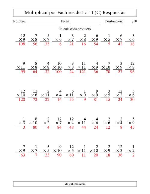 La hoja de ejercicios de Multiplicar (Factores de 1 a 12) por Factores de 1 a 11 (50 Preguntas) (C) Página 2