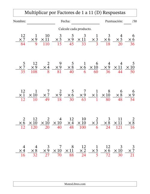 La hoja de ejercicios de Multiplicar (Factores de 1 a 12) por Factores de 1 a 11 (50 Preguntas) (D) Página 2