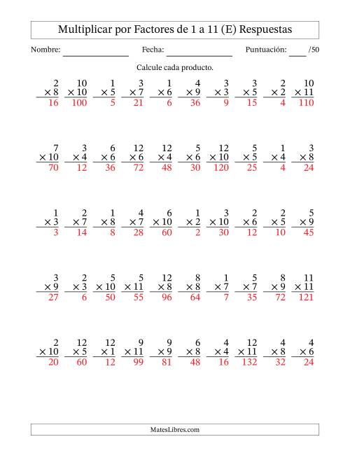 La hoja de ejercicios de Multiplicar (Factores de 1 a 12) por Factores de 1 a 11 (50 Preguntas) (E) Página 2