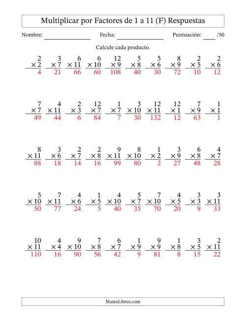 La hoja de ejercicios de Multiplicar (Factores de 1 a 12) por Factores de 1 a 11 (50 Preguntas) (F) Página 2