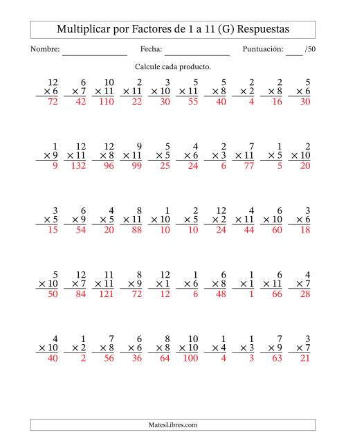 La hoja de ejercicios de Multiplicar (Factores de 1 a 12) por Factores de 1 a 11 (50 Preguntas) (G) Página 2