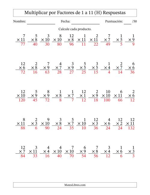 La hoja de ejercicios de Multiplicar (Factores de 1 a 12) por Factores de 1 a 11 (50 Preguntas) (H) Página 2