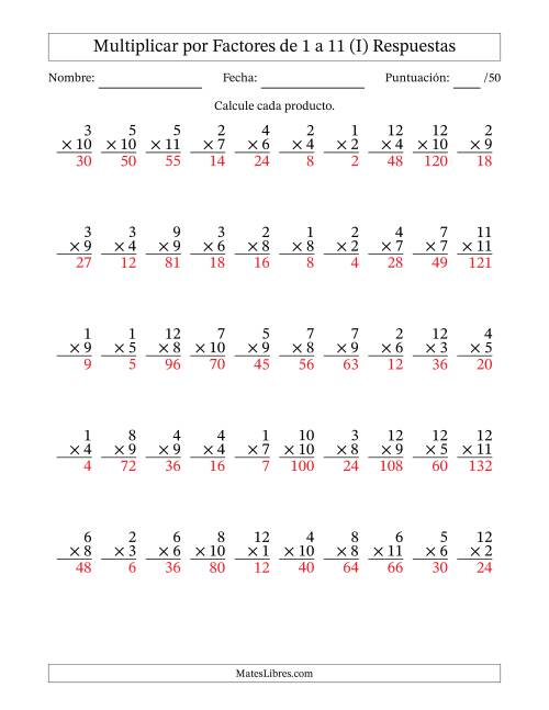La hoja de ejercicios de Multiplicar (Factores de 1 a 12) por Factores de 1 a 11 (50 Preguntas) (I) Página 2