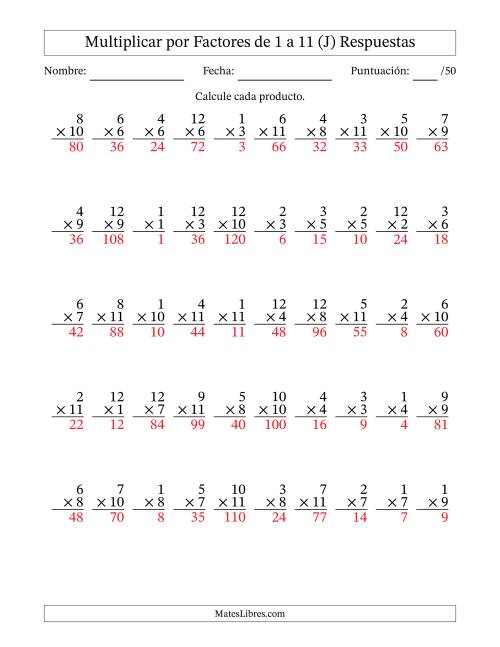 La hoja de ejercicios de Multiplicar (Factores de 1 a 12) por Factores de 1 a 11 (50 Preguntas) (J) Página 2