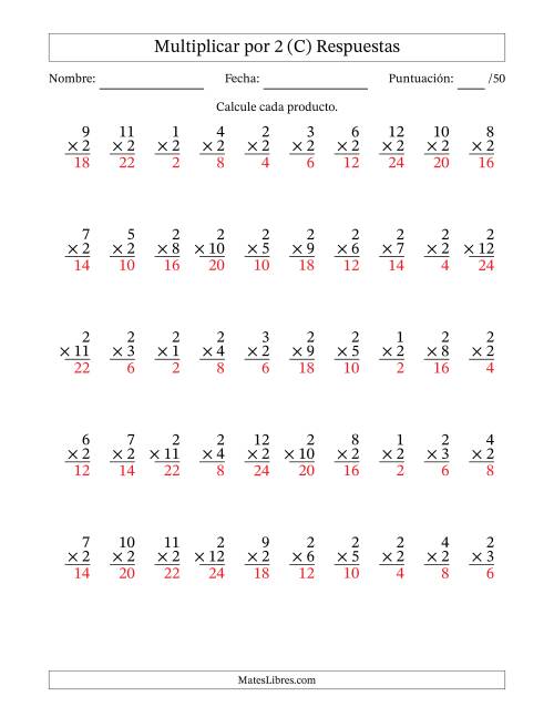 La hoja de ejercicios de Multiplicar (Factores de 1 a 12) por 2 (50 Preguntas) (C) Página 2