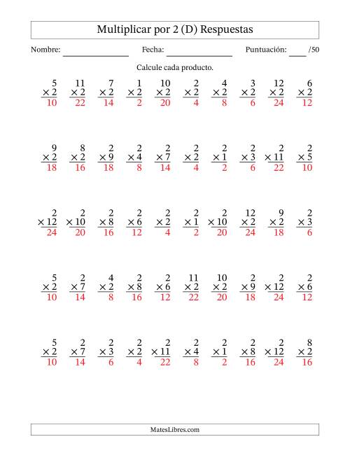 La hoja de ejercicios de Multiplicar (Factores de 1 a 12) por 2 (50 Preguntas) (D) Página 2