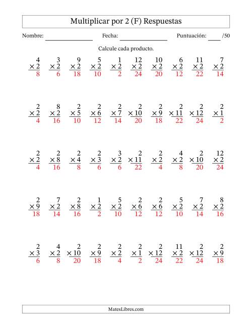 La hoja de ejercicios de Multiplicar (Factores de 1 a 12) por 2 (50 Preguntas) (F) Página 2