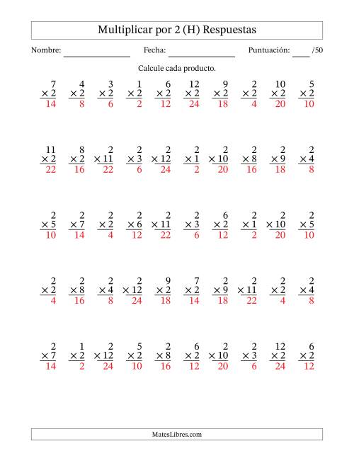 La hoja de ejercicios de Multiplicar (Factores de 1 a 12) por 2 (50 Preguntas) (H) Página 2