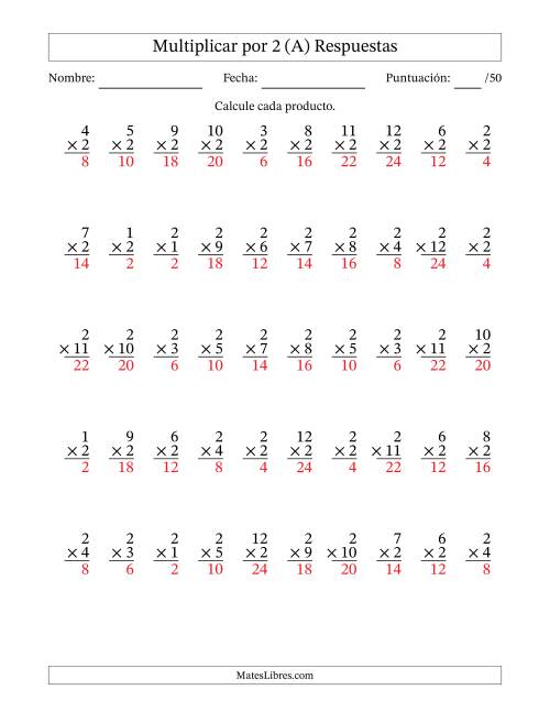 La hoja de ejercicios de Multiplicar (Factores de 1 a 12) por 2 (50 Preguntas) (Todas) Página 2