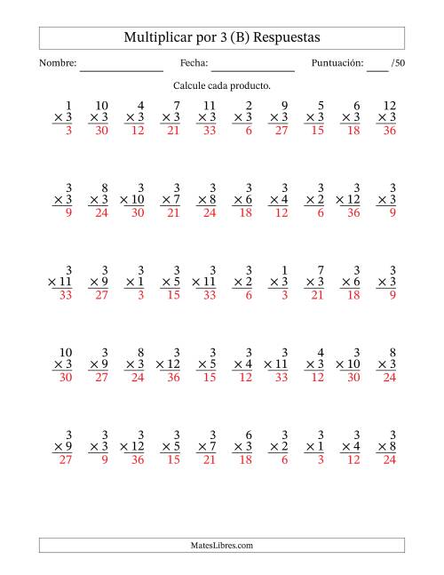 La hoja de ejercicios de Multiplicar (Factores de 1 a 12) por 3 (50 Preguntas) (B) Página 2