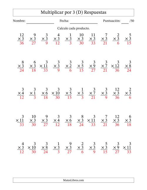 La hoja de ejercicios de Multiplicar (Factores de 1 a 12) por 3 (50 Preguntas) (D) Página 2