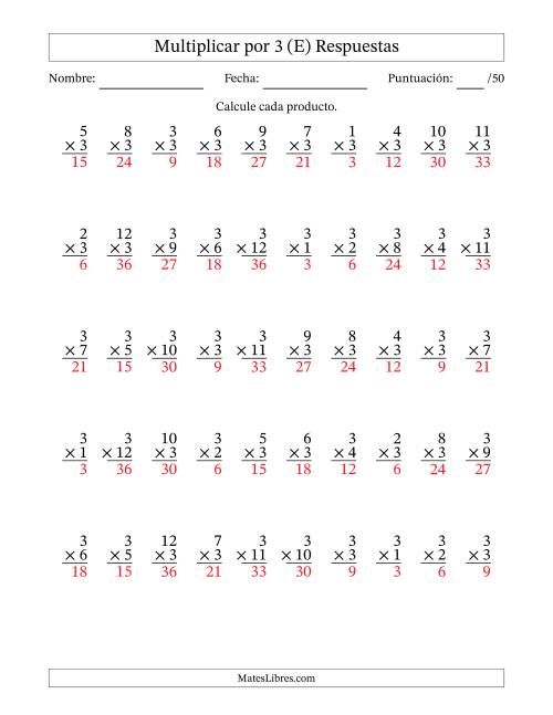 La hoja de ejercicios de Multiplicar (Factores de 1 a 12) por 3 (50 Preguntas) (E) Página 2