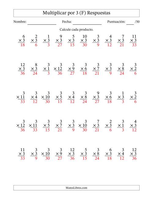 La hoja de ejercicios de Multiplicar (Factores de 1 a 12) por 3 (50 Preguntas) (F) Página 2