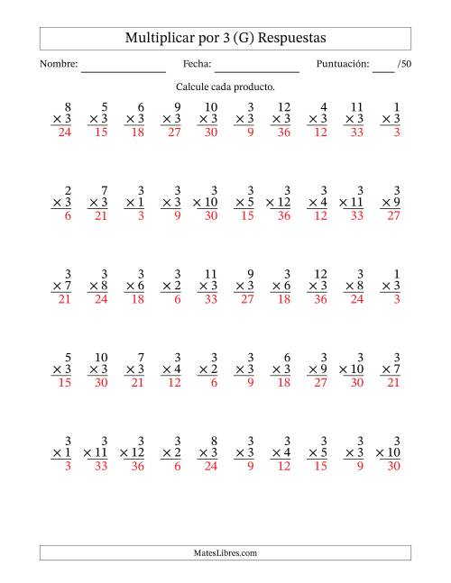 La hoja de ejercicios de Multiplicar (Factores de 1 a 12) por 3 (50 Preguntas) (G) Página 2