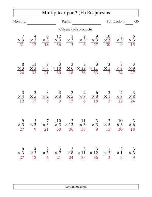 La hoja de ejercicios de Multiplicar (Factores de 1 a 12) por 3 (50 Preguntas) (H) Página 2