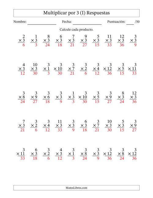 La hoja de ejercicios de Multiplicar (Factores de 1 a 12) por 3 (50 Preguntas) (I) Página 2