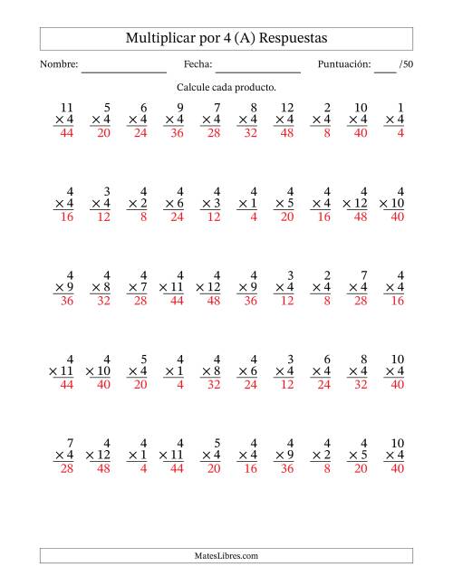 La hoja de ejercicios de Multiplicar (Factores de 1 a 12) por 4 (50 Preguntas) (A) Página 2