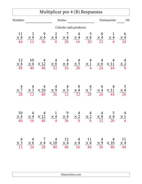 La hoja de ejercicios de Multiplicar (Factores de 1 a 12) por 4 (50 Preguntas) (B) Página 2