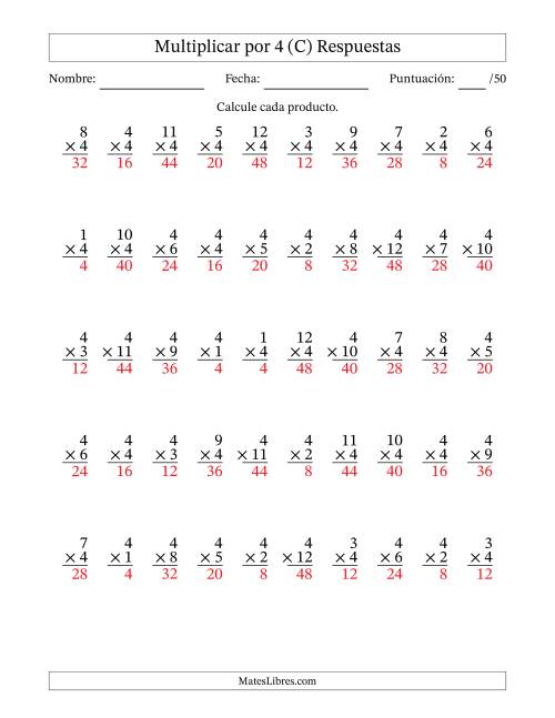 La hoja de ejercicios de Multiplicar (Factores de 1 a 12) por 4 (50 Preguntas) (C) Página 2
