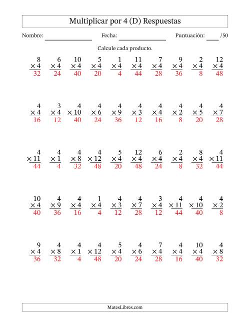 La hoja de ejercicios de Multiplicar (Factores de 1 a 12) por 4 (50 Preguntas) (D) Página 2