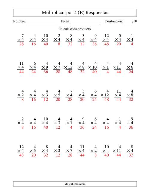 La hoja de ejercicios de Multiplicar (Factores de 1 a 12) por 4 (50 Preguntas) (E) Página 2