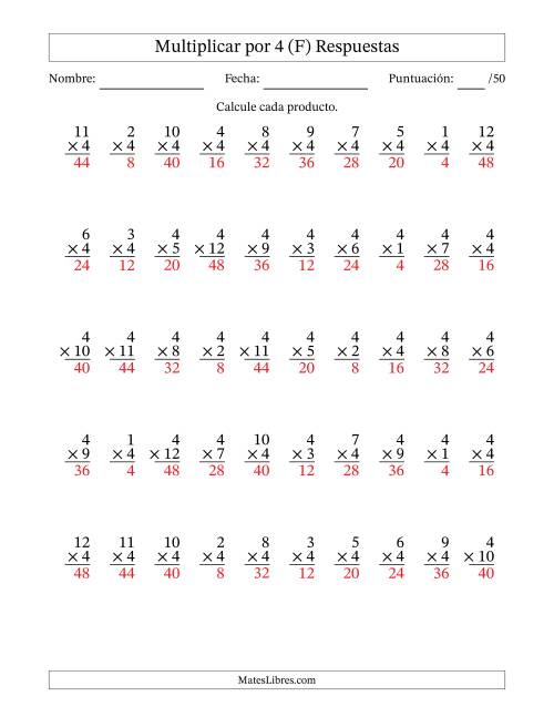 La hoja de ejercicios de Multiplicar (Factores de 1 a 12) por 4 (50 Preguntas) (F) Página 2