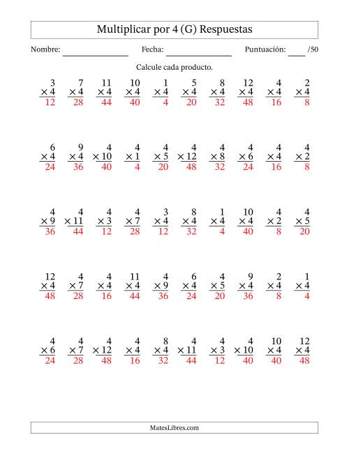 La hoja de ejercicios de Multiplicar (Factores de 1 a 12) por 4 (50 Preguntas) (G) Página 2