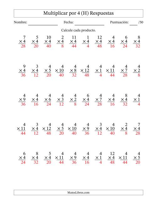 La hoja de ejercicios de Multiplicar (Factores de 1 a 12) por 4 (50 Preguntas) (H) Página 2