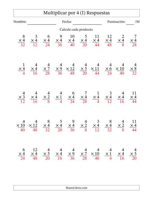 La hoja de ejercicios de Multiplicar (Factores de 1 a 12) por 4 (50 Preguntas) (I) Página 2