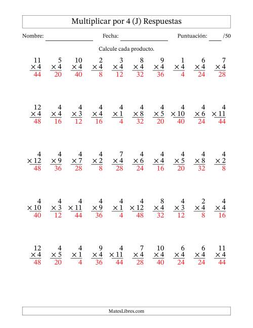 La hoja de ejercicios de Multiplicar (Factores de 1 a 12) por 4 (50 Preguntas) (J) Página 2