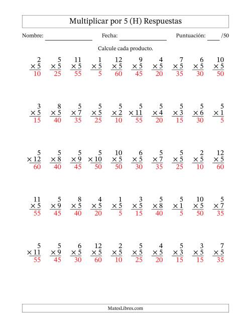 La hoja de ejercicios de Multiplicar (Factores de 1 a 12) por 5 (50 Preguntas) (H) Página 2