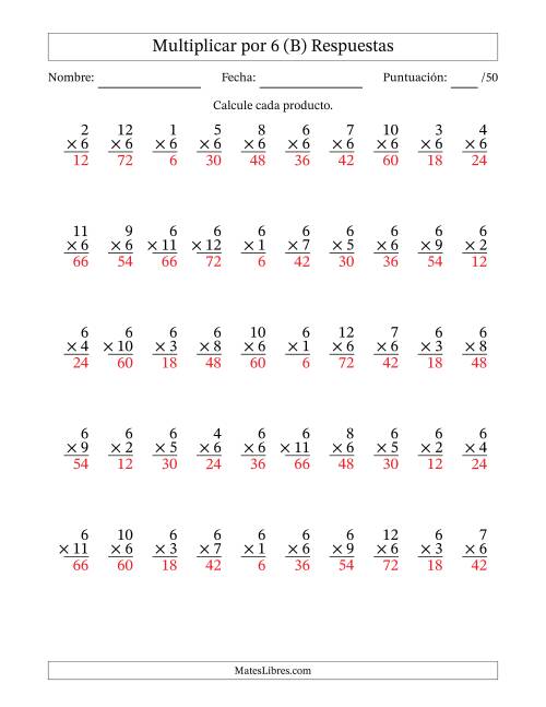 La hoja de ejercicios de Multiplicar (Factores de 1 a 12) por 6 (50 Preguntas) (B) Página 2