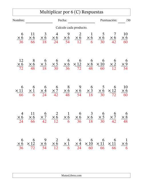 La hoja de ejercicios de Multiplicar (Factores de 1 a 12) por 6 (50 Preguntas) (C) Página 2